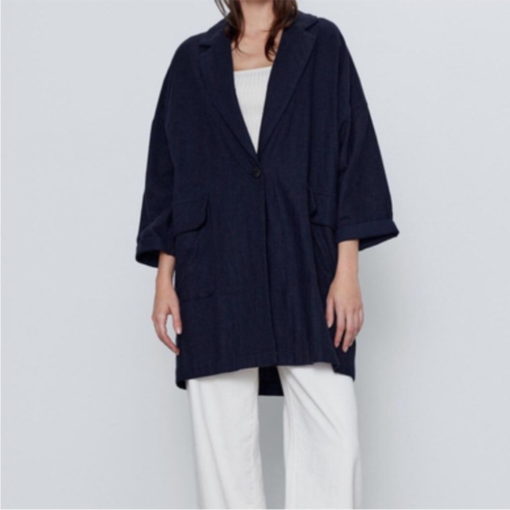 Zara Dark Blue Linen Blend Oversized Jacket SZ Medium